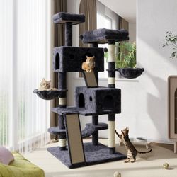 65.7" Large Cat Tree and Tower Condo for Cats with 2 Scratching Boards, Hammock & Post, Dark Blue