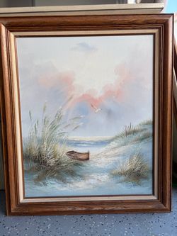 Framed Coastal Beach Oil Painting on Canvas