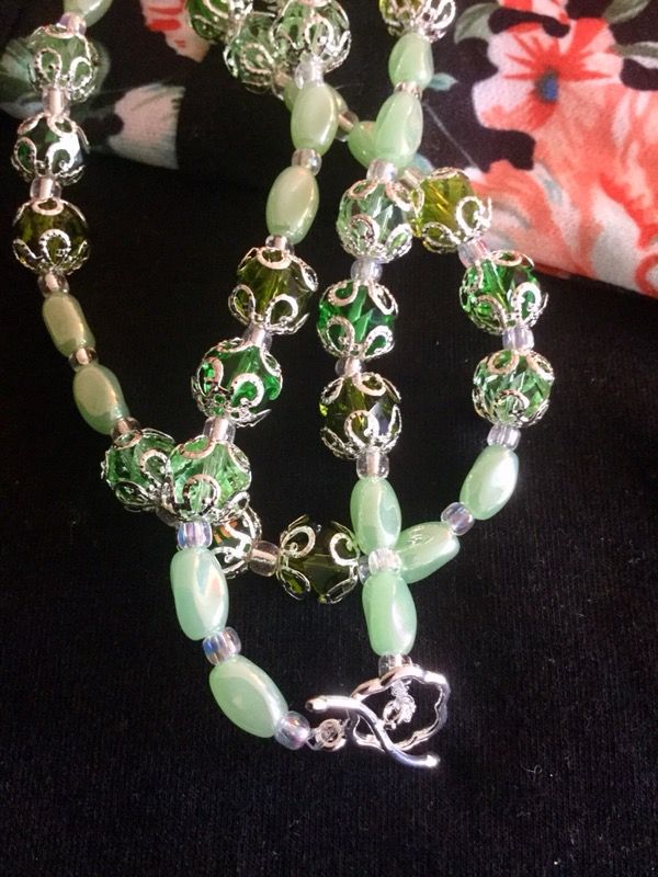 Fashion Jewelry / Soft green and silver with glass and crystal beads necklace / Silver Toggle clasp New Jewelry