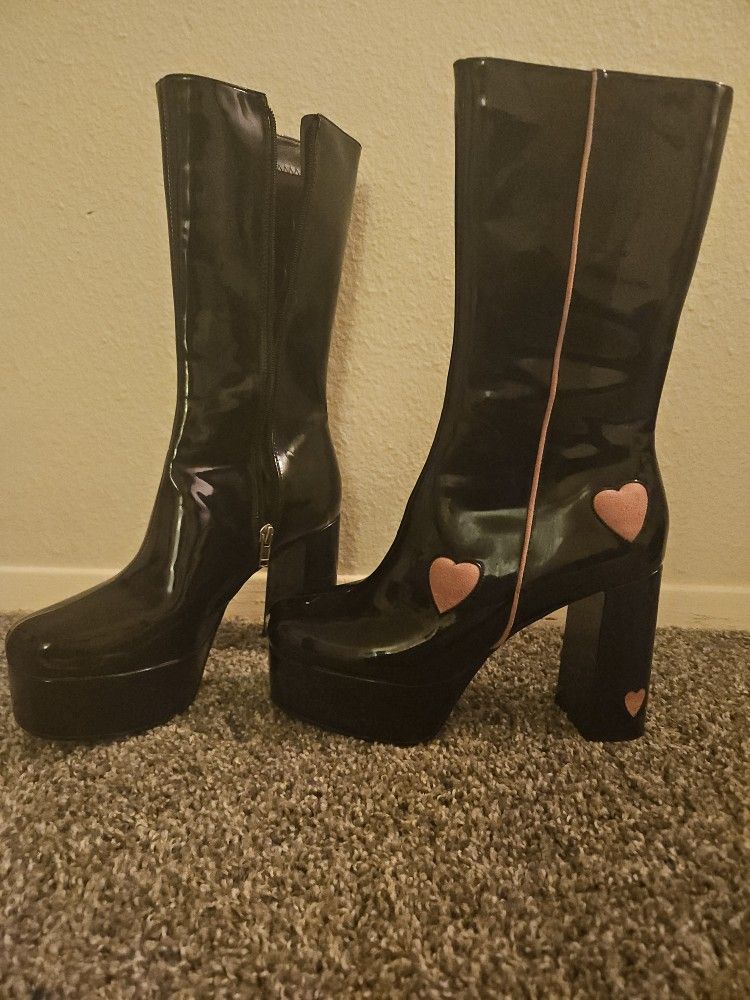 Lamoda Black and Pink Hearts Calf Boots Used
