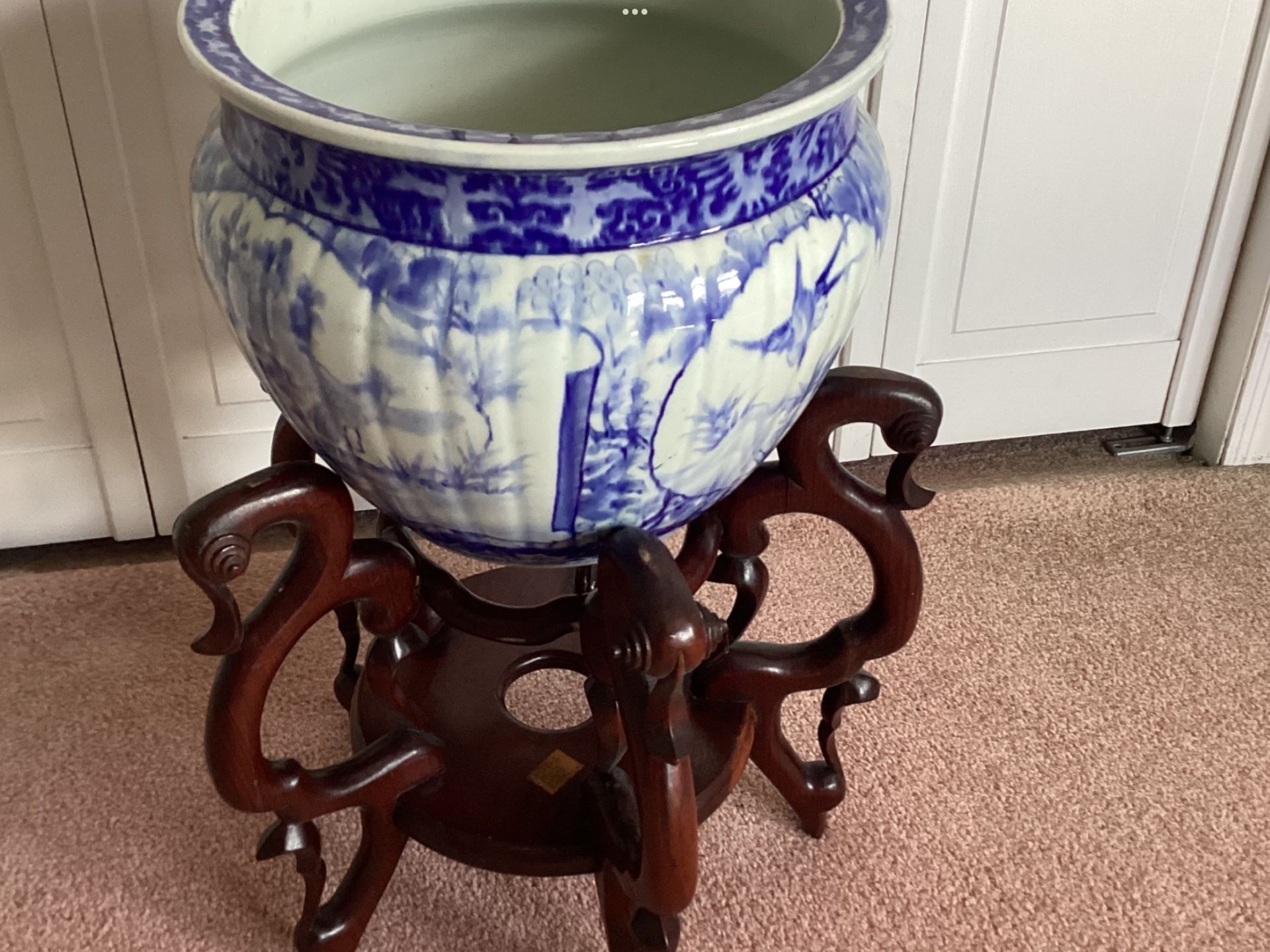 1940s Chinoiserie Blue White Porcelain Large Fishbowl Planter + Wood Stand
