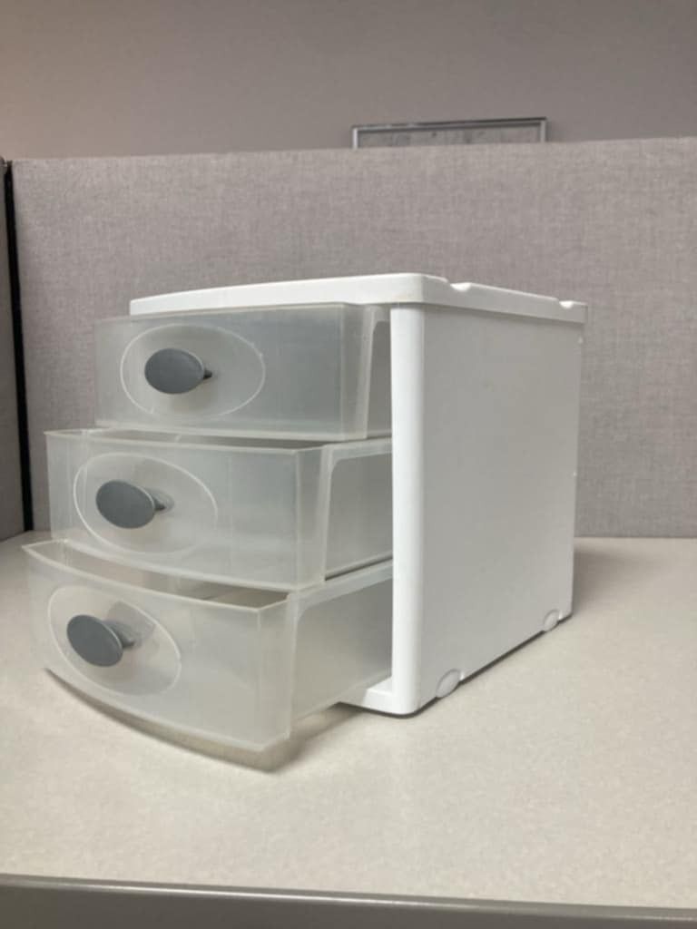 Sterilite white plastic drawer/ 3 clear drawers/ grey handles