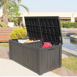 150 Gallon Outdoor Storage Container Deck Box with Metal Support Rods for Patio Furniture Garden Tools Cushions Waterproof Lockable UV Resistant Resin