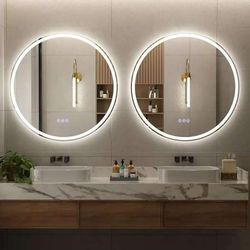 Bathroom smart mirror with three-color LED lights, 24”x24 round bathroom mirror,