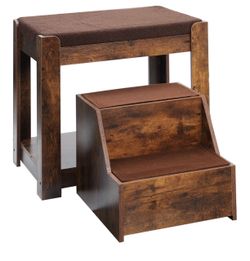 Perch with 2-Tier Stairs,Sturdy Wood Frame, Rustic Brown