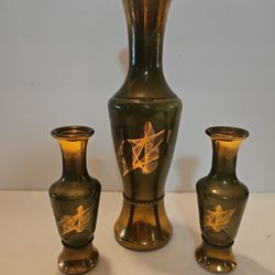 MCM 1960's Wheaton Smoke Glass Gold Accent Vases