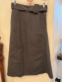 Women Olive Belted 100% Wool Lined Midi Minimalist Skirt Size 38-Fit like XS/S