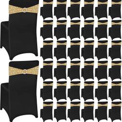 Chumia 100 Pcs Chair Covers and Sashes, Spandex Stretch Chair Slipcovers with Shiny Bowknot for Wedding Party Banquet Anniversary Events Dining Decor 