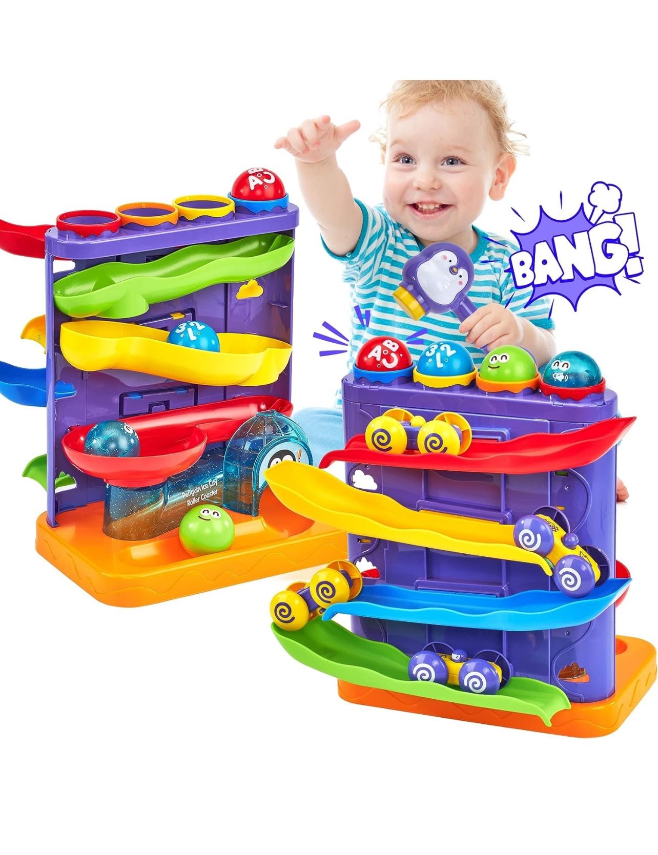 Brandnew Toddler Toys for 1 Year Old Boy Birthday Gift 2 in 1 Pound Ball Toy & Car Ramp Race Track Learning Active Early Developmental Montessori Toys