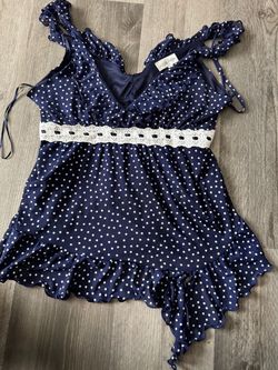 La Pêche Navy Polka Dot Ruffle Top