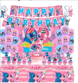 Stitch Theme Party Supplies Set, including 7 core decorations like banner, balloons, backdrop, stickers and more