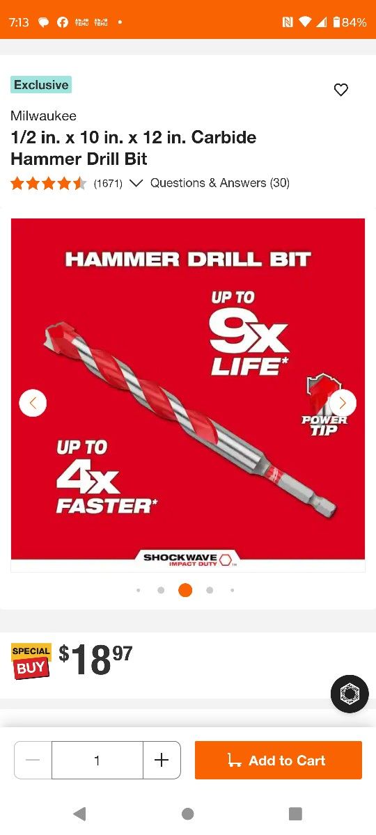 MILWAUKEE SHOCKWAVE CONCRETE 1/2" x 10" x 12" DRILL BIT