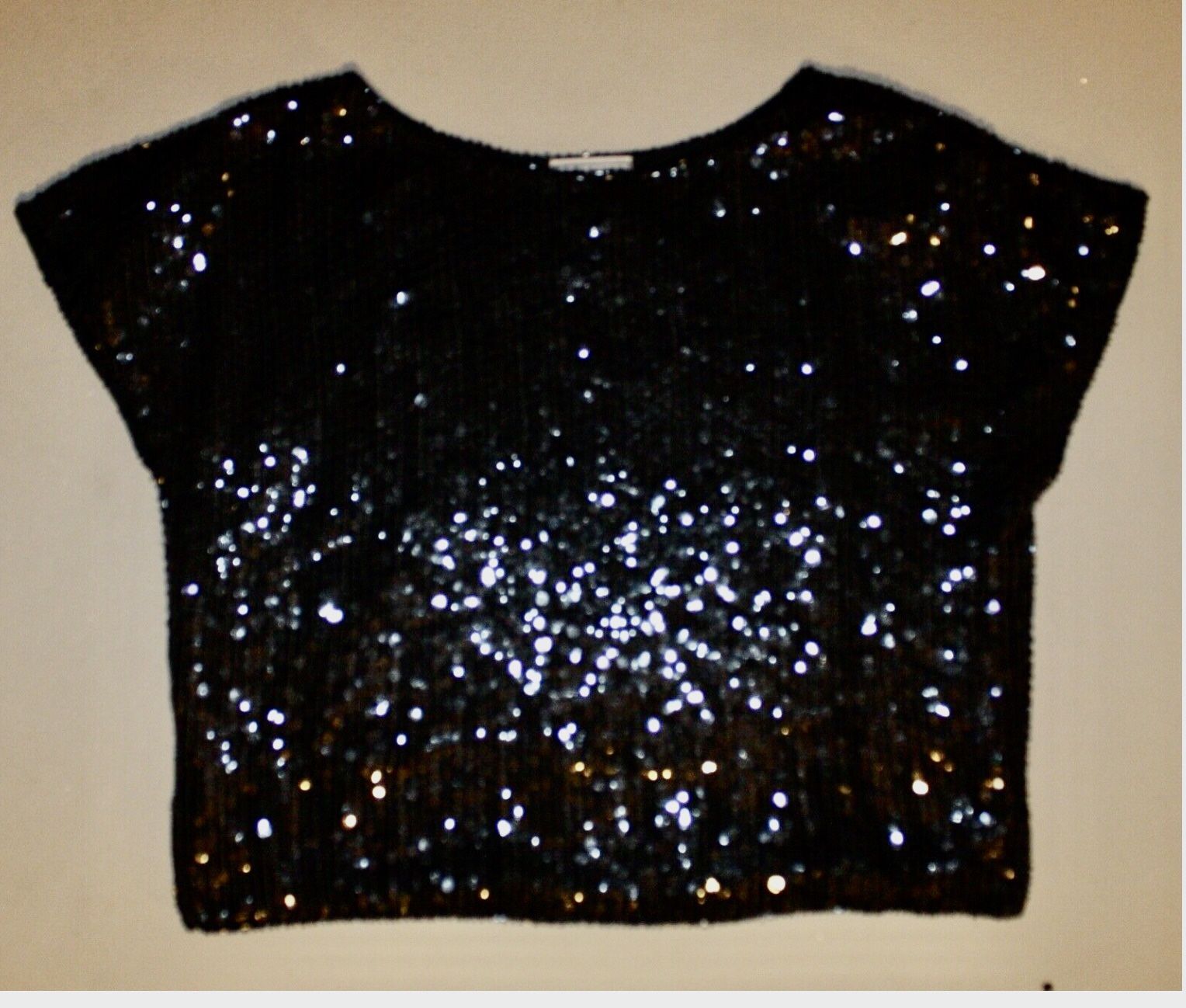 Vtg 80s Women’s Top Black 100% Silk Seen Sequins Short Sleeve Tunic Top Glam core M