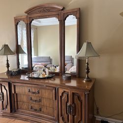 Solid Wood Bedroom Furniture Bed Frame, Dresser With Triple Mirror,chest Of Drawer, Three Side Table