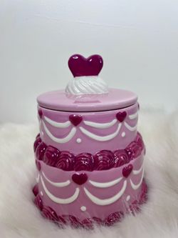 Pink Ceramic Two Tiered Cake with Hearts Decor Cookie Jar