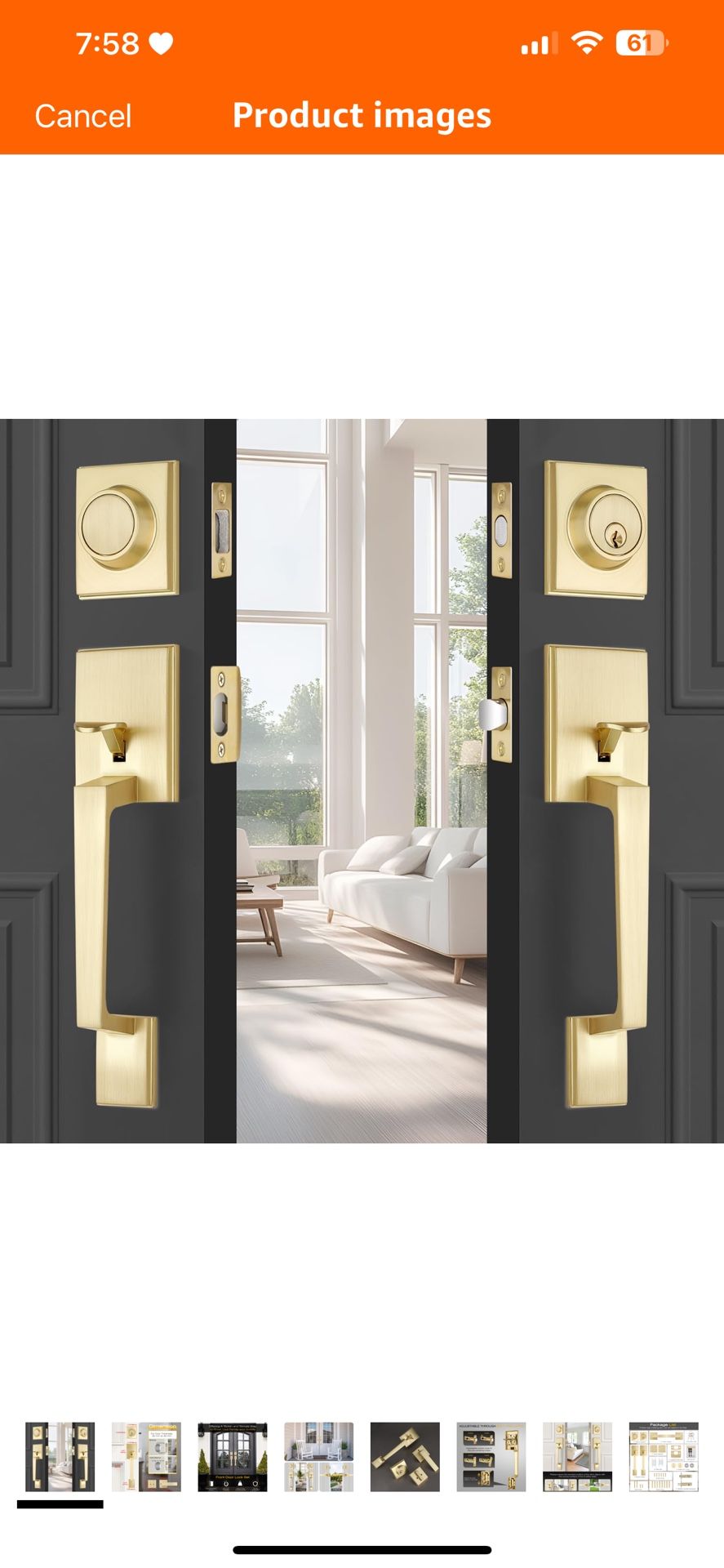 EHOMEWARE Brass Double Front Door Handle Set, Gold Heavy Duty Square Door Lever and Single Cylinder Deadbolt Combo for Side by Side Entrance Exterior 