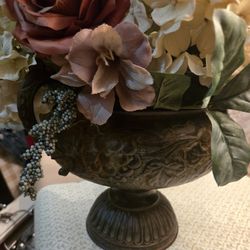 Large Vintage Metal Urn Full Of Flowers