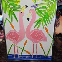Rare Vintage 1970's Pink Flamingo Painting by Sharie Hatchet Bohlmann Signed Framed 14"×18"