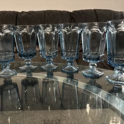 Set of 6 Vintage Blue Glass Goblets / Drinking Glasses