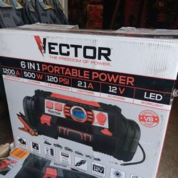 Vector 6 In 1 Portable Power 1200A Jump Starter/ 500W/ AC Power/ 120 PSI  Air Compressor/ 2.1 A USB Power/ 12V DC Power/ LED Worklight 