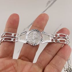 925 Sterling Silver Bracelet Figaro Link San judas  - Pulsera En Plata 