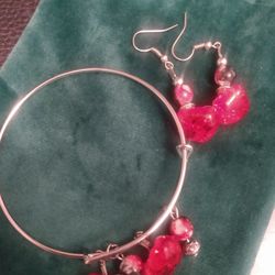 Red Black And Silver Handmade Adjustable Bracelet And Earring Set