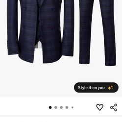 Men's Dark Blue Grid 3 Piece Suit Double-Breasted Jacket Vest Pants Set