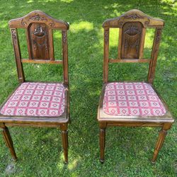 Very Old Pair Of Wooden Chairs Antique Vintage Hand Carved