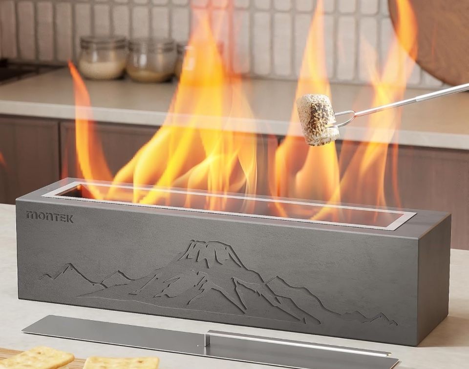 monTEK Tabletop Fire Pit, Concrete Table Top Firepit Indoor Outdoor Decor, Table Top Portable Rubbing Alcohol Fireplace Smores Maker Long Time ...