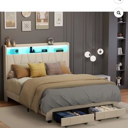 New in Box King Size Bed Frame, Velvet Upholstered LED Platform Bed with Headboard Storage, King Bed Frame Built-in Charging Station with 2 Drawers, W