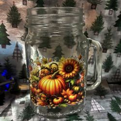 Fall Theme Glass Cup With Handle