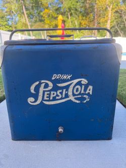 Vintage 1950’s Pepsi Cola blue metal cooler with bottle opener