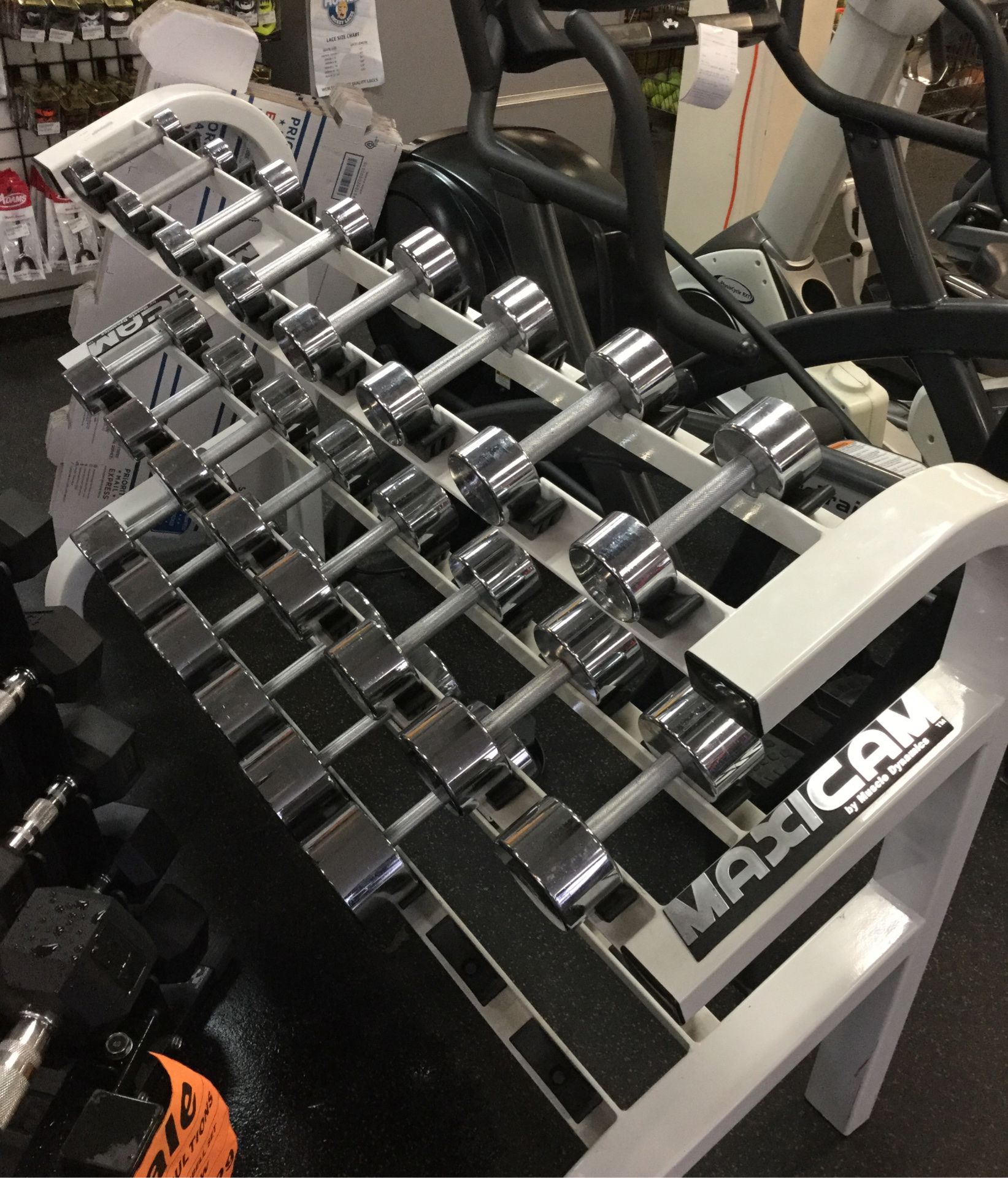 Chrome dumbbell set 3 to 50 pounds with commercial grade maxi cam three tier rack