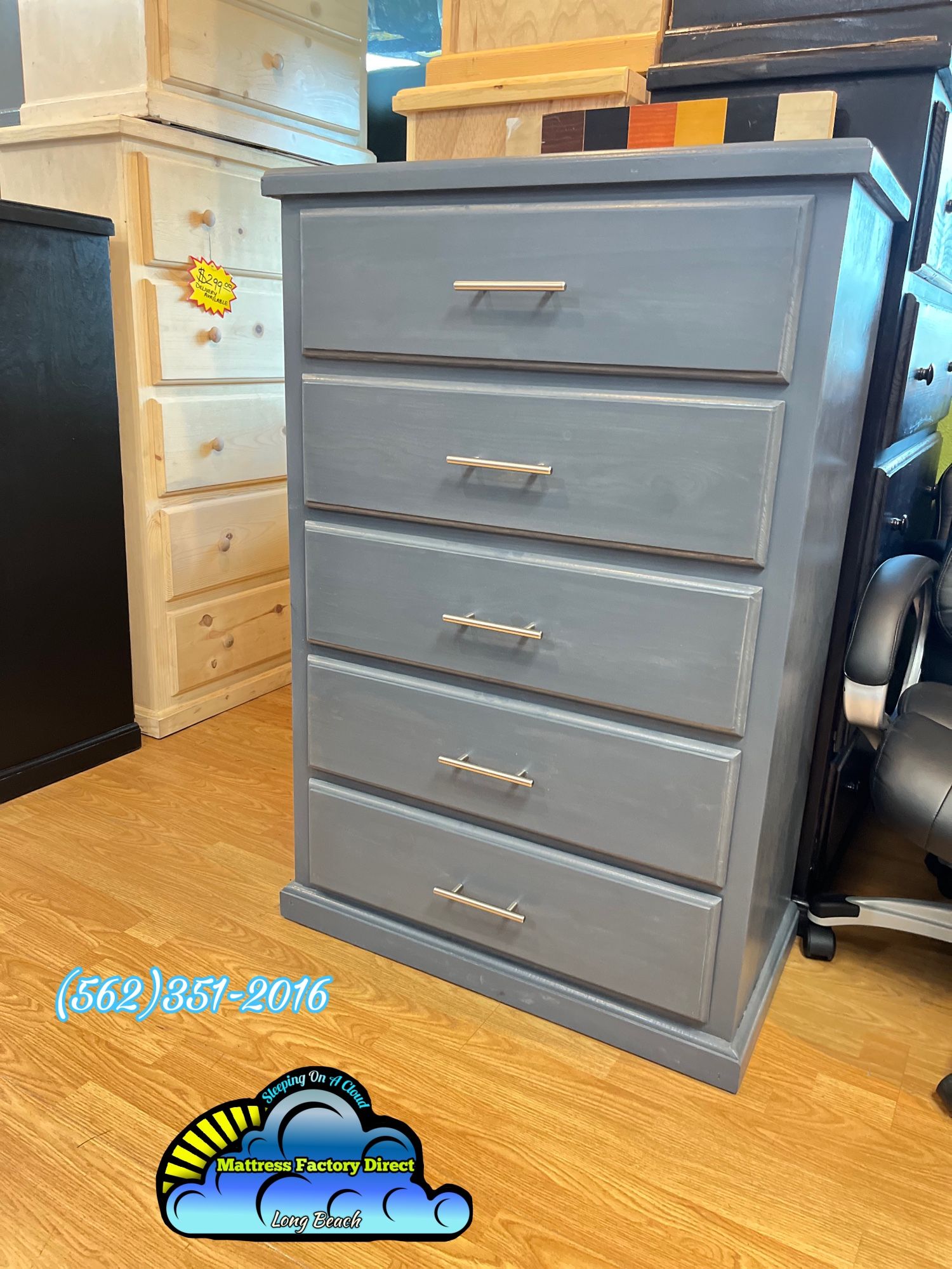 Grey Pinewood Five Drawer Dresser Chest Cajonera