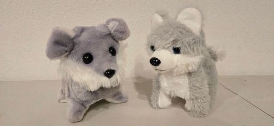 Electronic Walking & Barking Puppy Plush Lot - Interactive Grey & White Dog Toys
