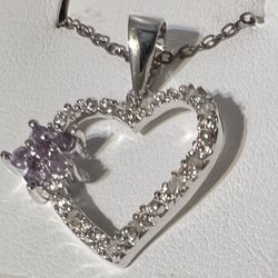 Sterling Silver Amythest & Diamond Heart Necklace