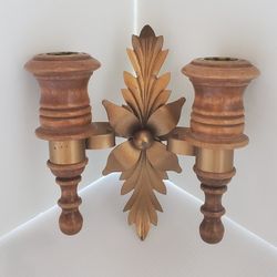 HOMCO Wood Double Candleholder VTG Gold and Brown Wall Candle Holder 70s Sconce 
Decor
