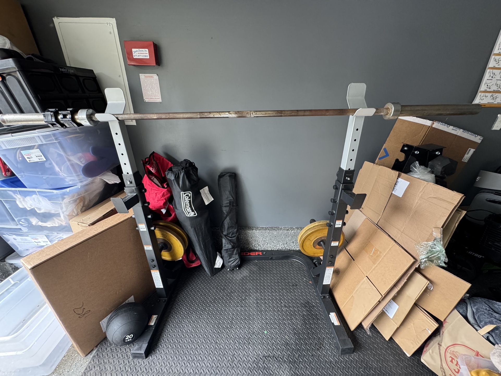 Workout Bar, Bar Rack, Bench, And Weights