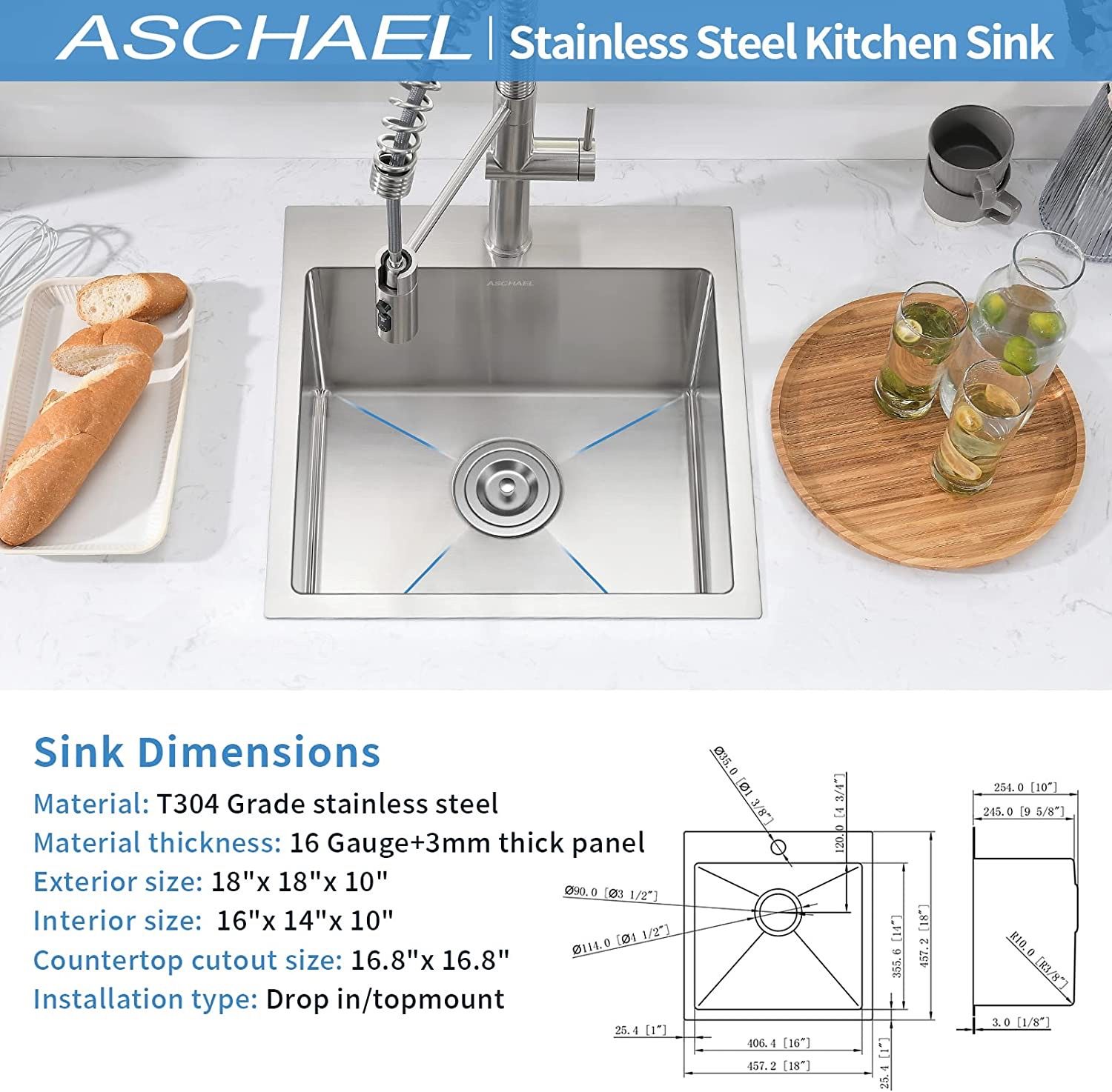 Aschael Bar Sink Drop In,18x18x10 Inch Top Mount Kitchen Sink 16 Gauge