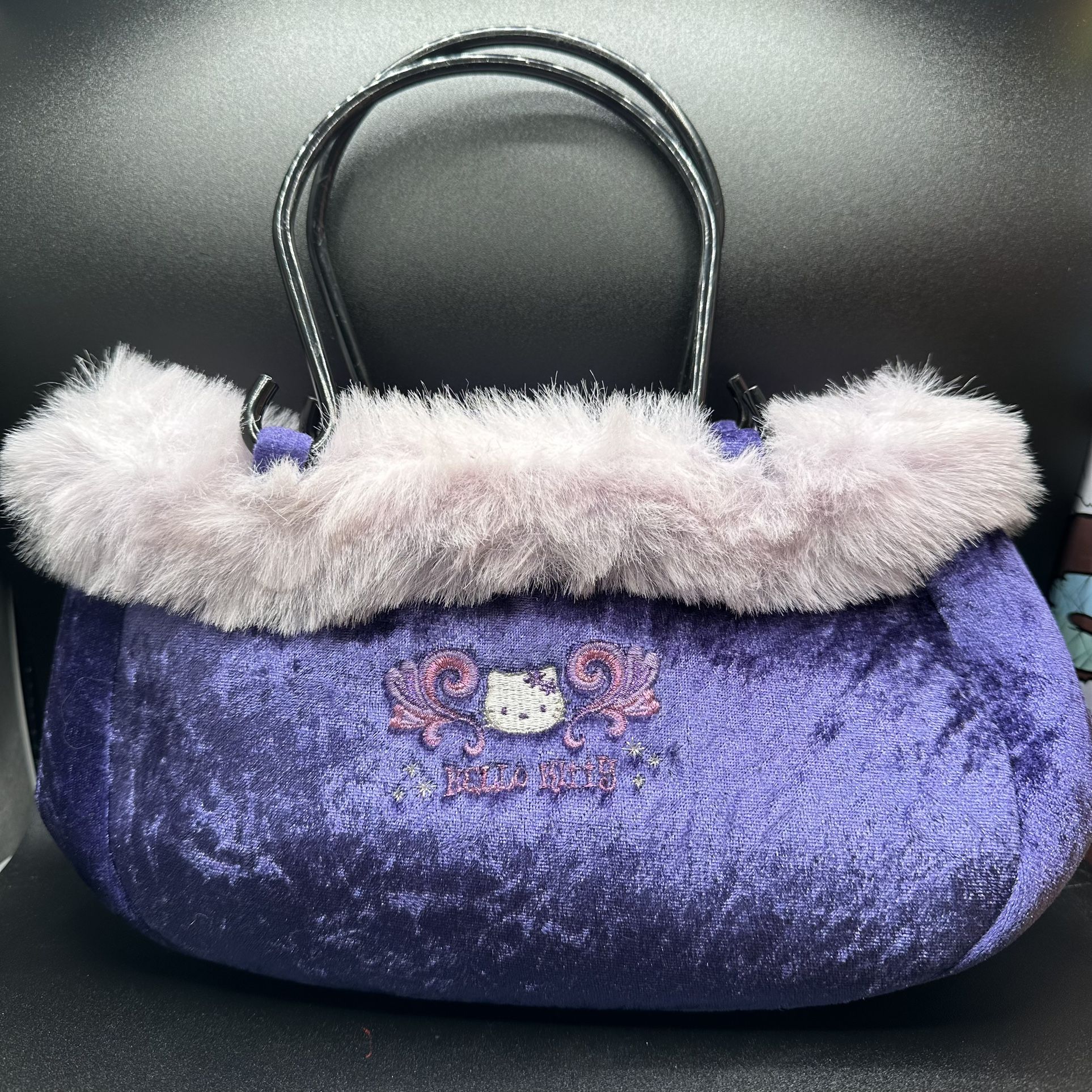 2000 Sanrio Hello Kitty Purple Velvet Purse Handbag with Faux Fur Y2K Vintage