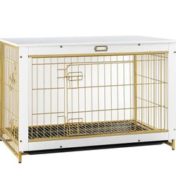 Dog Crate Furniture, 38.6" Large Dog Kennel Indoor, Wooden Cage with Pull-Out Tray, Double Doors Pet House Side End Table 