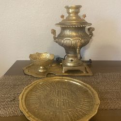 Antique Gold Brass Samovar Tray Bowl Persian