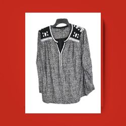 Lucky Brand Black & White Shirt w Stitched White & Metallic Silver Designs Women 2X