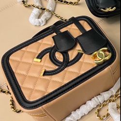 Caviar Quilted Small CC Filigree Vanity Case Beige Black