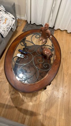 Oval Wood and Glass Coffee Table