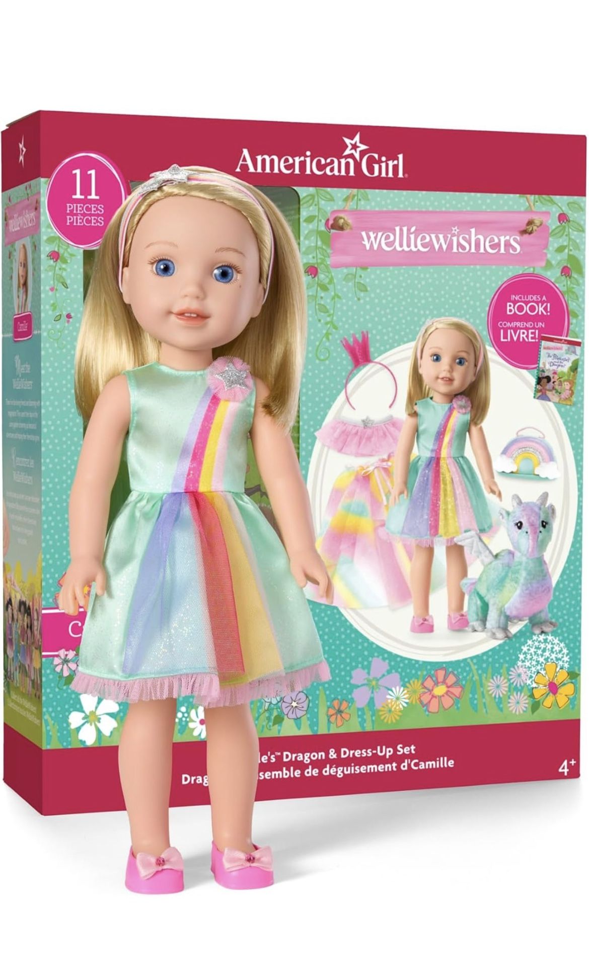 American Girl WellieWishers 14.5-inch Camille Doll Playset with Crisella The Dragon, Doll Dress and Accessories, and Storybook, for Ages 4+