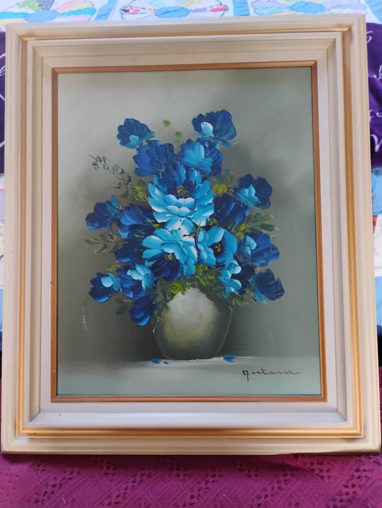 Blue Flowers Painting W/Frame