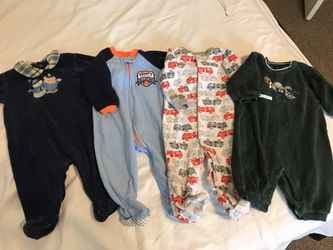 4 onesie footed outfits pajamas 6/9 months fire truck airplane football snowman