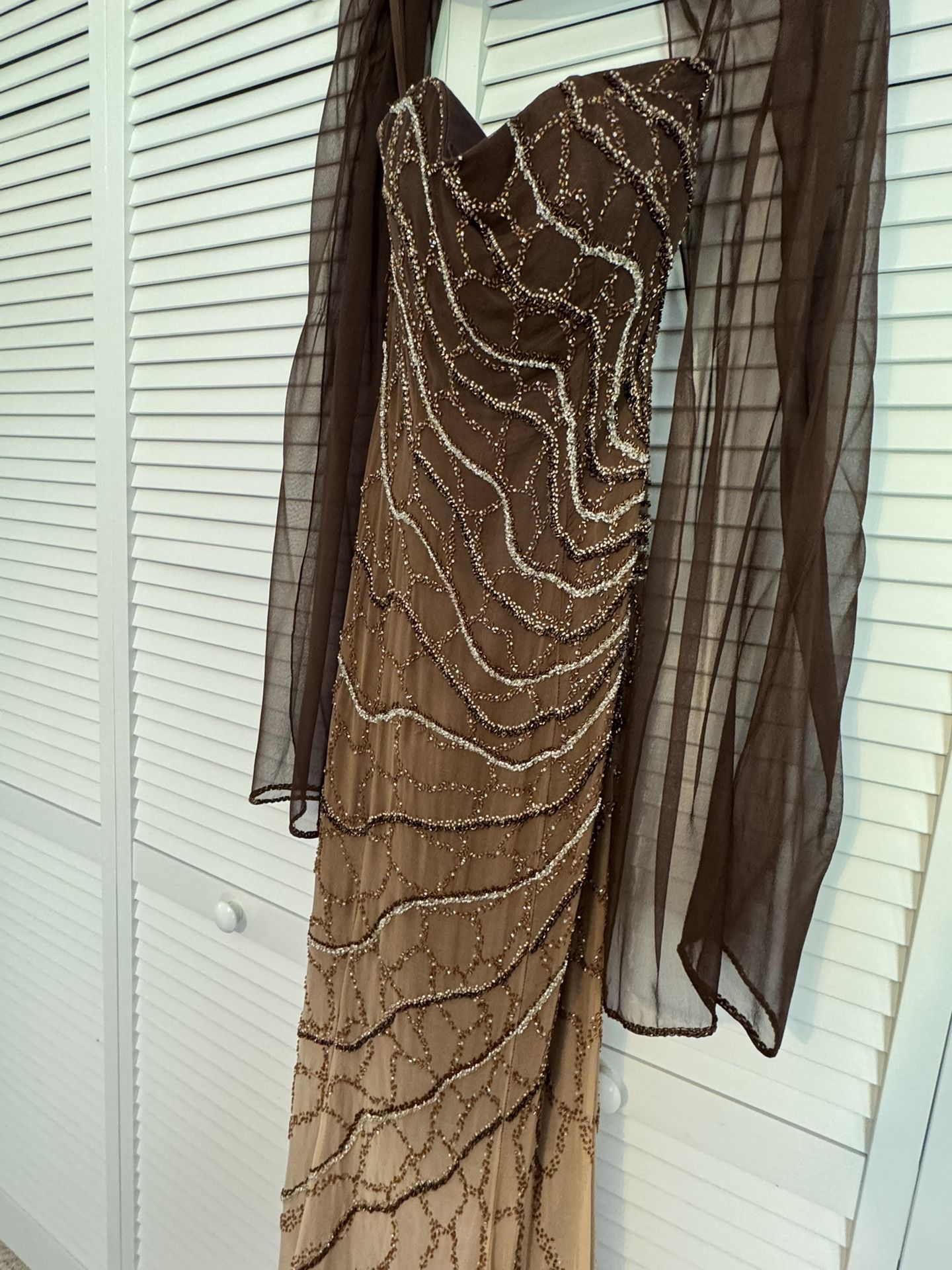 Formal hand beaded chocolate to champagne full length dress