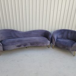 Modern Velvet Sofa & Accent Chair Set Curved Lounge Couch Purple Grey Gold Legs